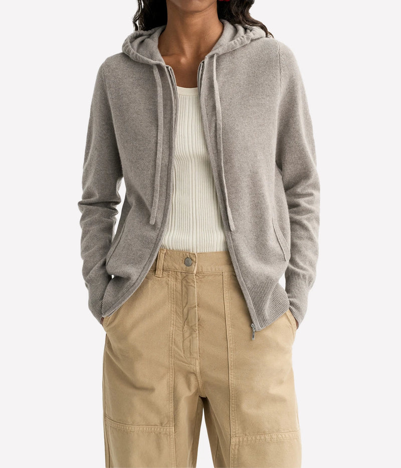 Soft Goat Cashmere Zip Hoodie in Greige – Front View