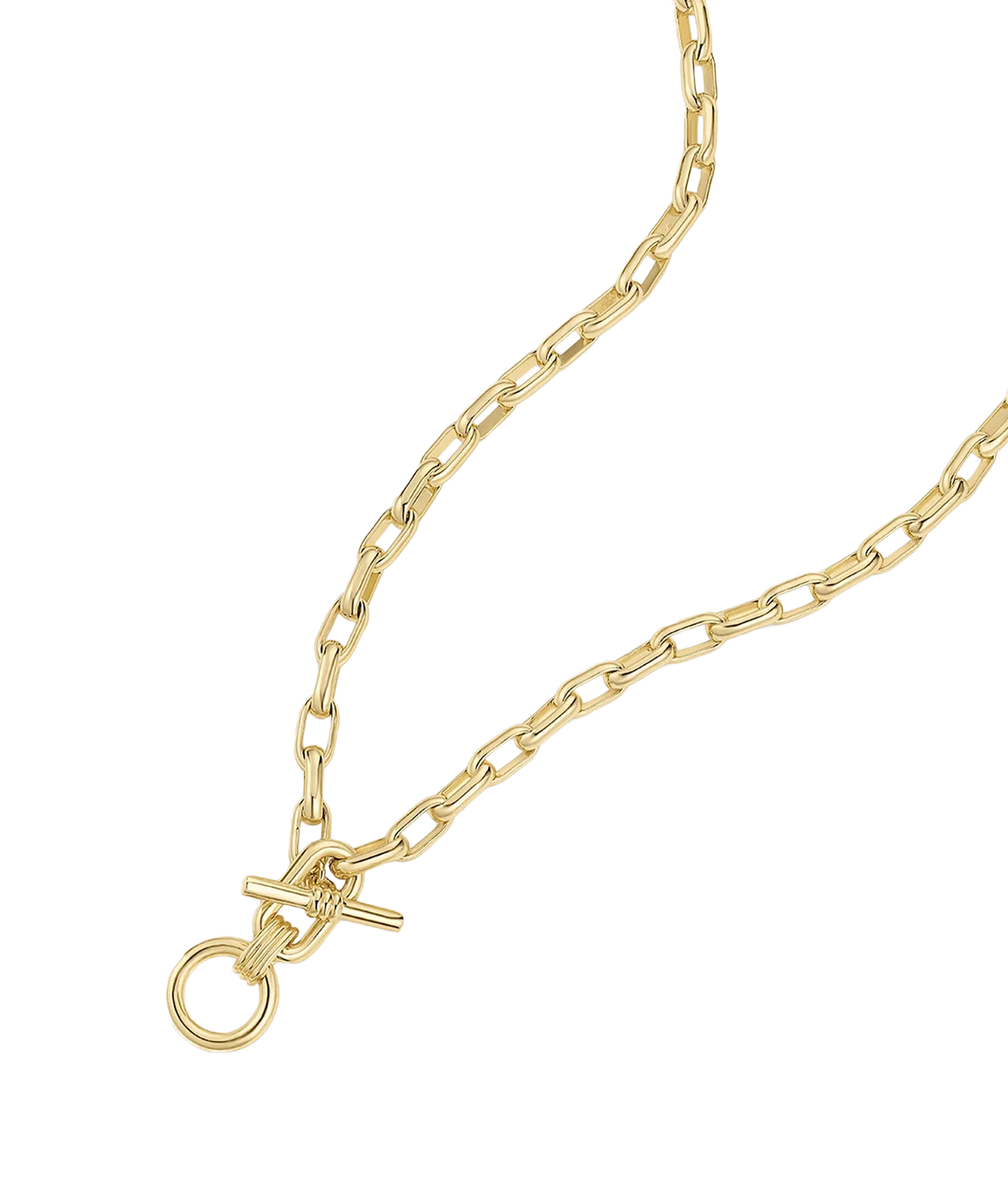 Gorjana Melrose Toggle Necklace in Yellow Gold laid flat at an angle, showing the full length of the link chain and the toggle bar and ring closure