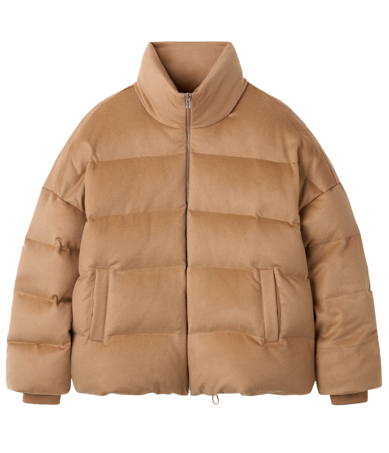 Soft Goat Puffer Jacket in Camel – Flat Lay