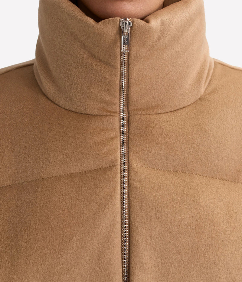 Soft Goat Puffer Jacket in Camel – Close Up Detail