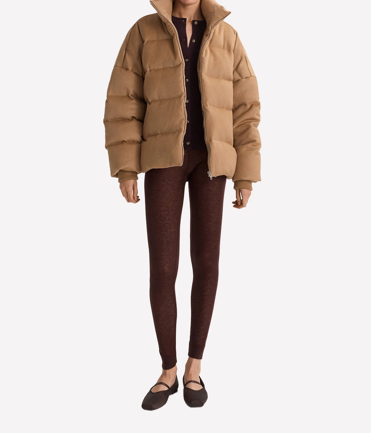 Soft Goat Puffer Jacket in Camel – Full Model View