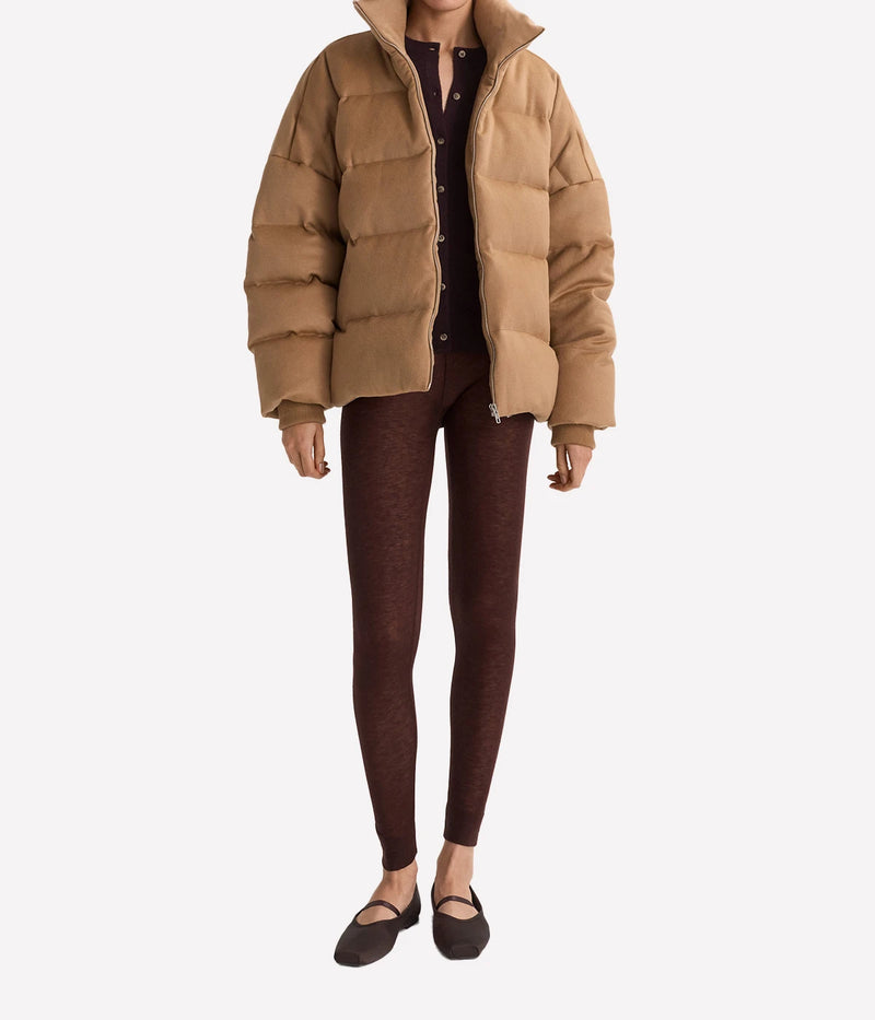 Soft Goat Puffer Jacket in Camel – Full Model View