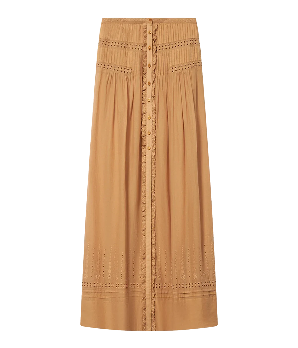 Isabel Marant Lorraine Skirt in Caramel, front product view highlighting the button front, floral embroidery and broderie anglaise detailing.