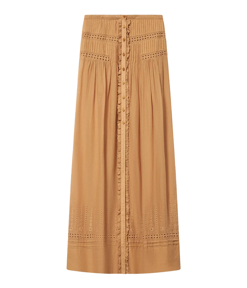 Isabel Marant Lorraine Skirt in Caramel, front product view highlighting the button front, floral embroidery and broderie anglaise detailing.
