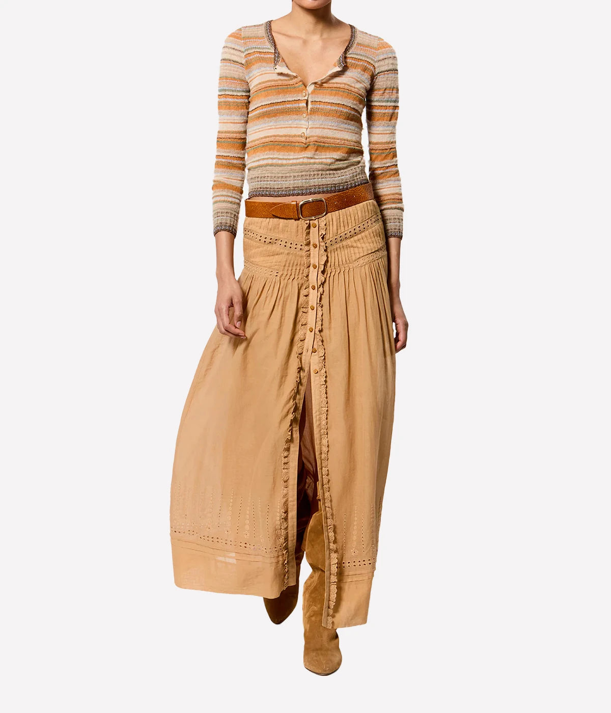 Person wearing a striped sweater and the Isabel Marant Lorraine Skirt on a white background