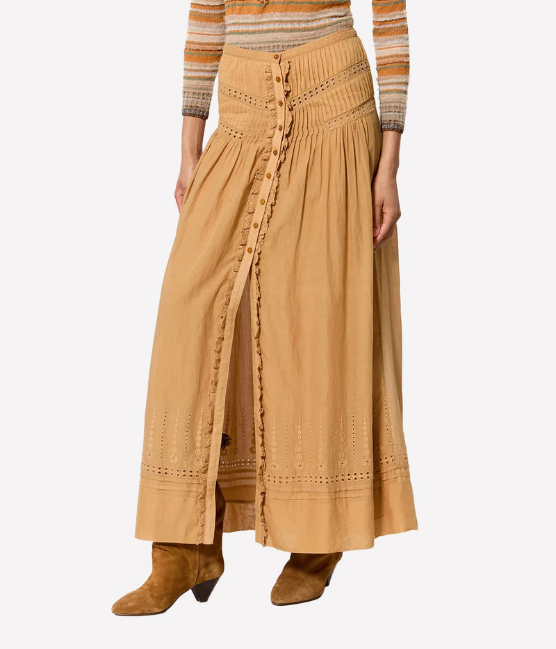Isabel Marant Lorraine Skirt in Caramel, front model view highlighting the long straight silhouette and embroidered detailing.