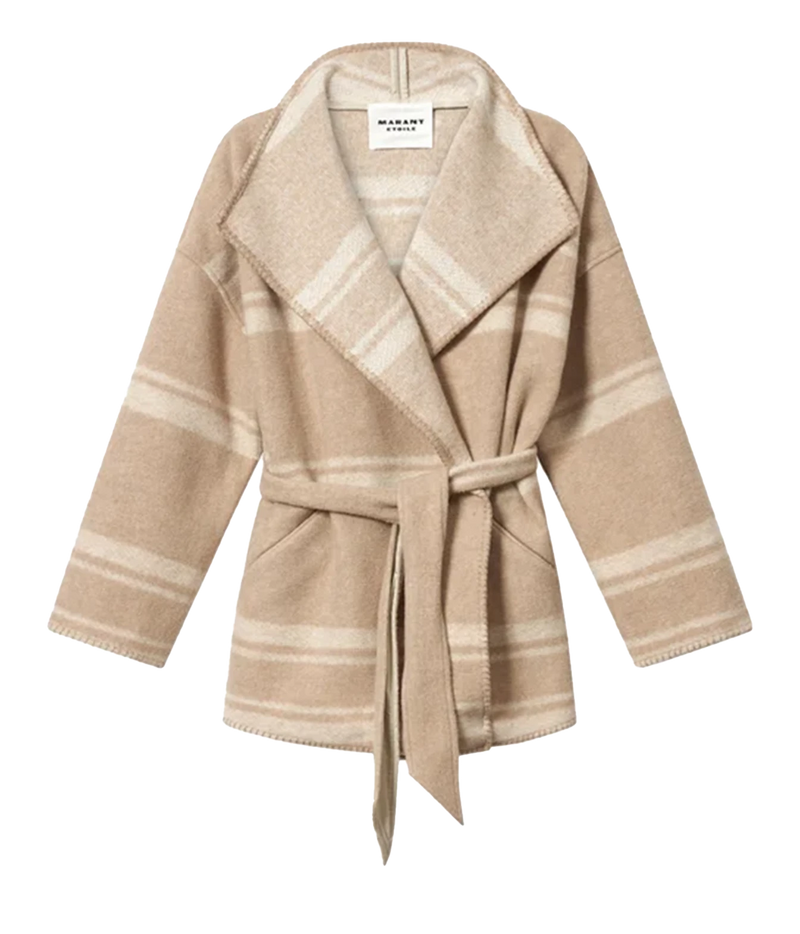 Isabel Marant Brea Belted Checked Coat - A beige and cream plaid wrap coat with a tie belt, shown on a plain white background.