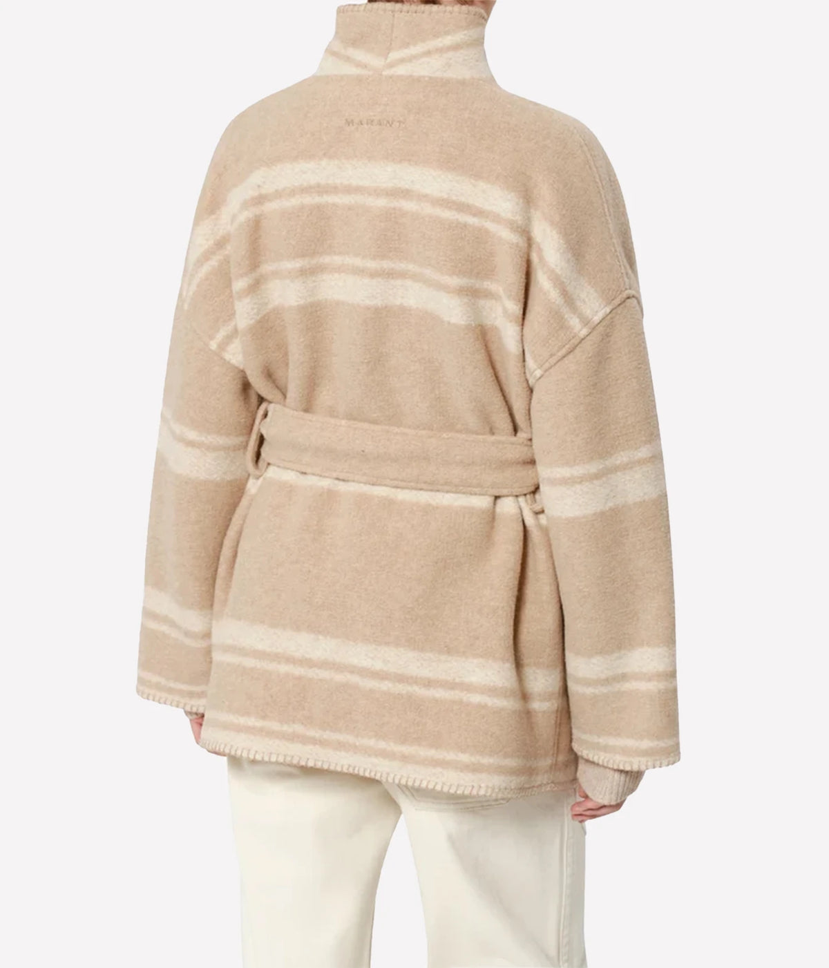 Isabel Marant Brea Belted Checked Coat - A person shown from the back wearing a beige knit wrap-style sweater with cream horizontal stripes and a matching tie belt, paired with light pants against a plain light background.