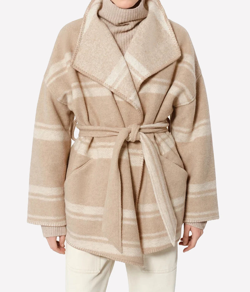 Isabel Marant Brea Belted Checked Coat - A beige and cream plaid wool-blend wrap coat with a matching tie belt, worn by a model over a cream turtleneck sweater and light-coloured pants.