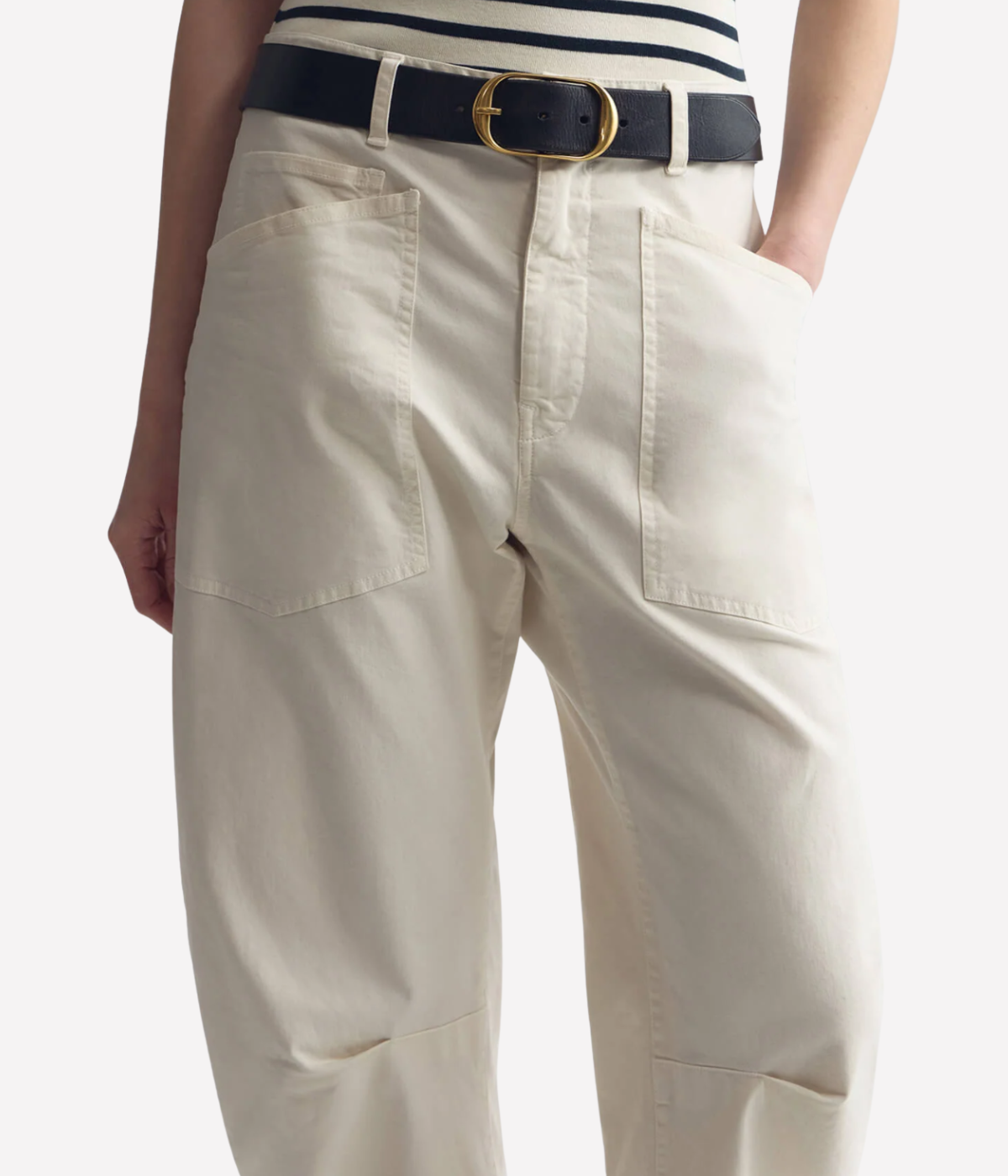 Nili Lotan Shon Pant in Stone close-up showing waistband, front fly, and pocket detailing with tonal stitching and cotton texture