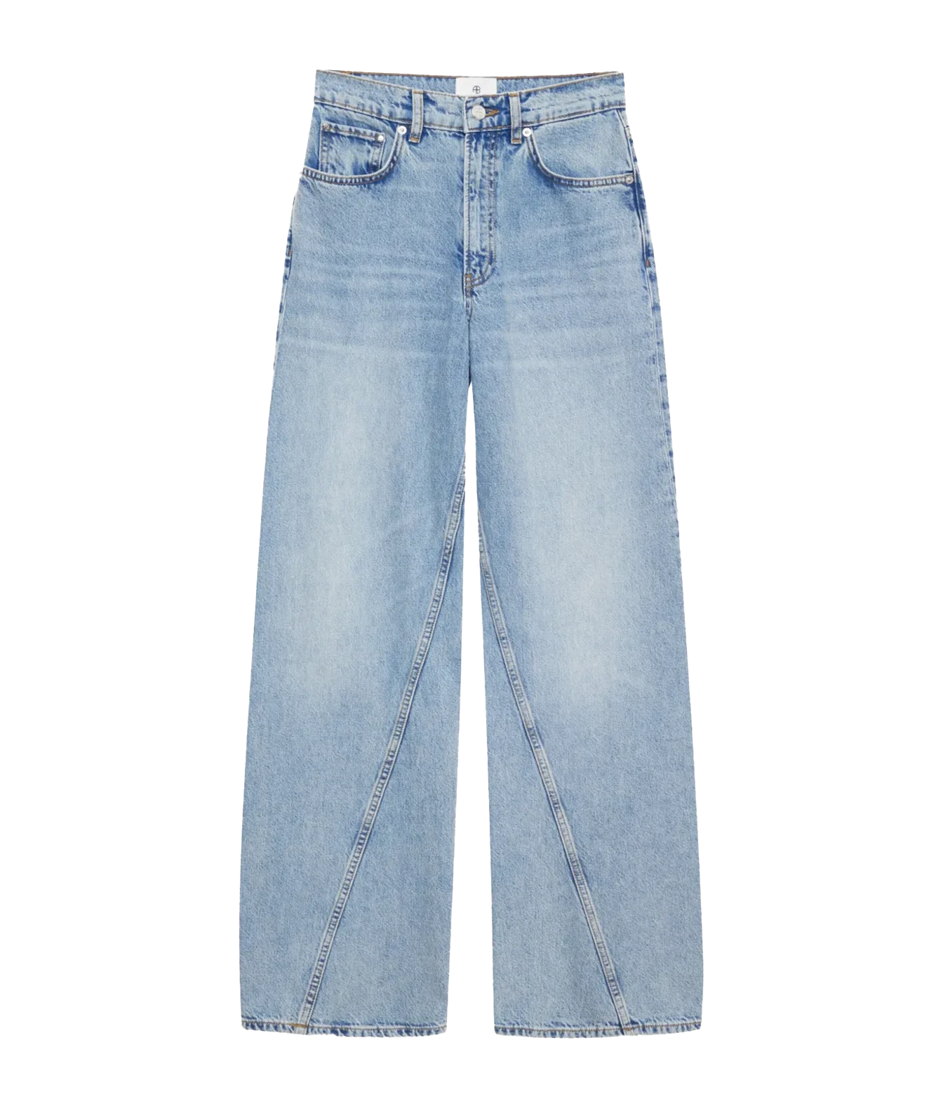 Light wash blue denim wide-leg jeans with diagonal seam detailing down the front of the legs, shown flat on a white background.
