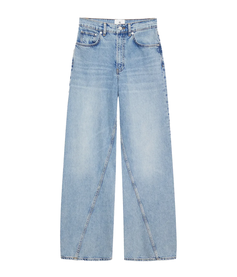 Light wash blue denim wide-leg jeans with diagonal seam detailing down the front of the legs, shown flat on a white background.