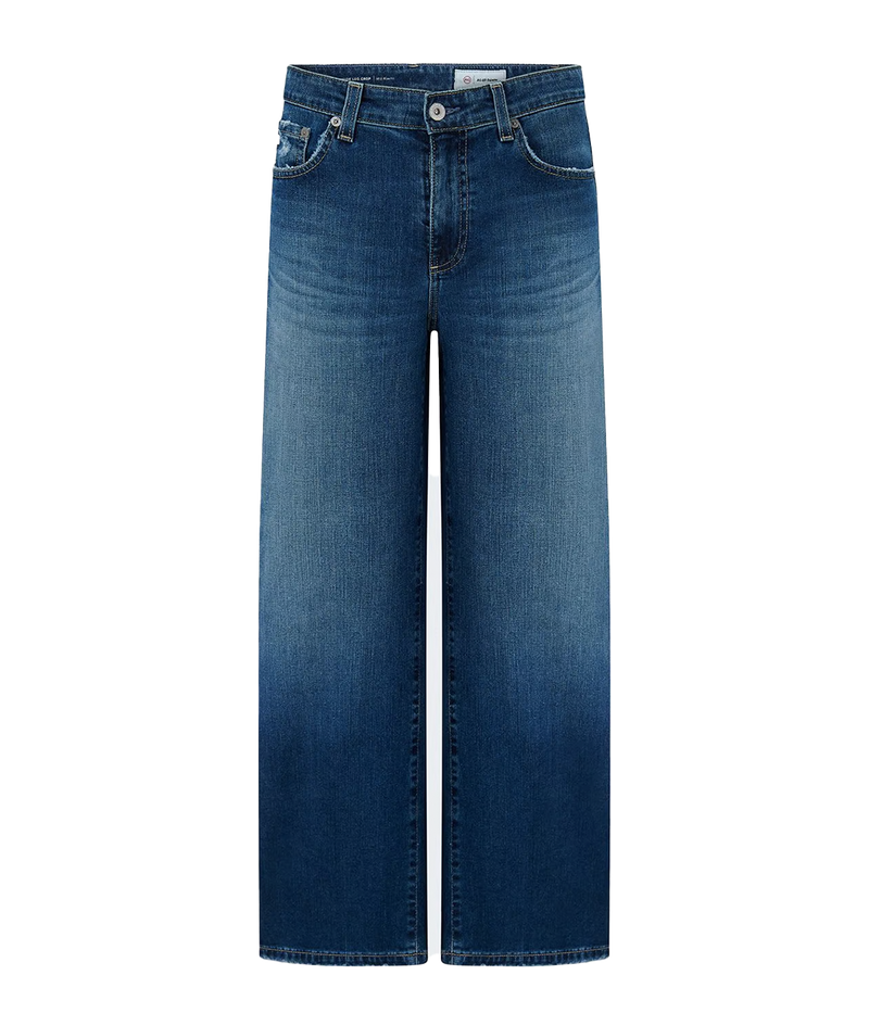 ALT text: Dark blue cropped wide-leg jeans with subtle fading, whiskering, and vintage finish.