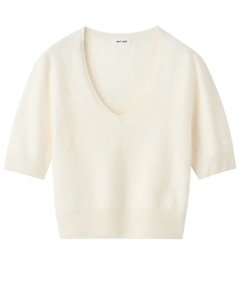 Soft Goat Brushed V Neck T-Shirt in Feather White – Flat Lay