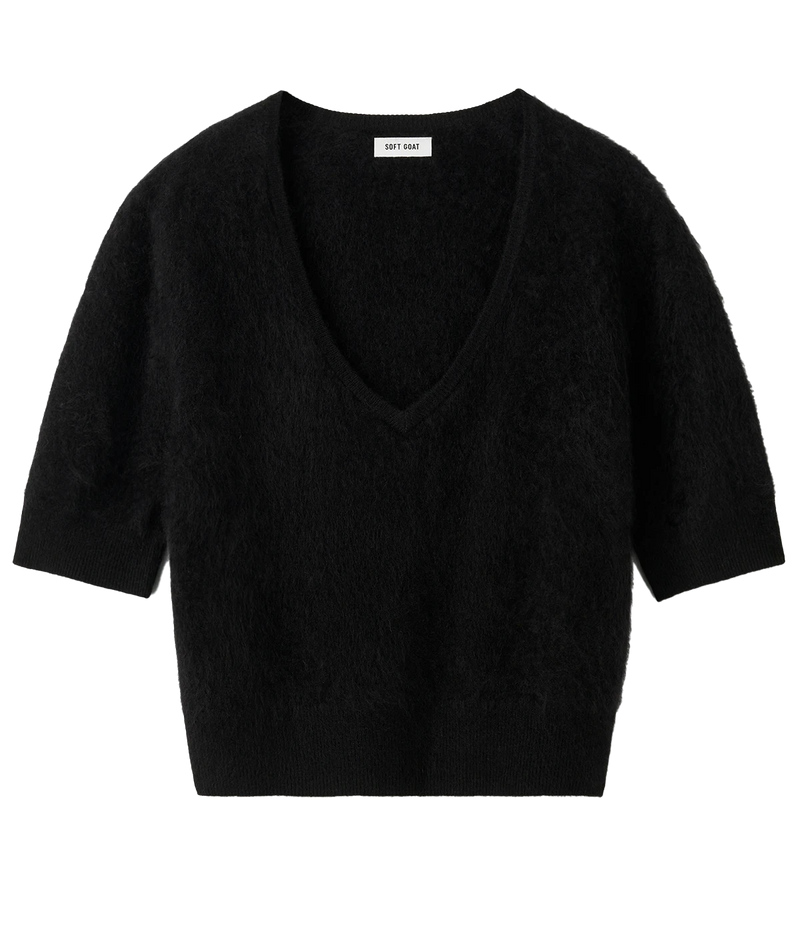 Soft Goat Brushed V Neck T-Shirt in Black – Flat Lay