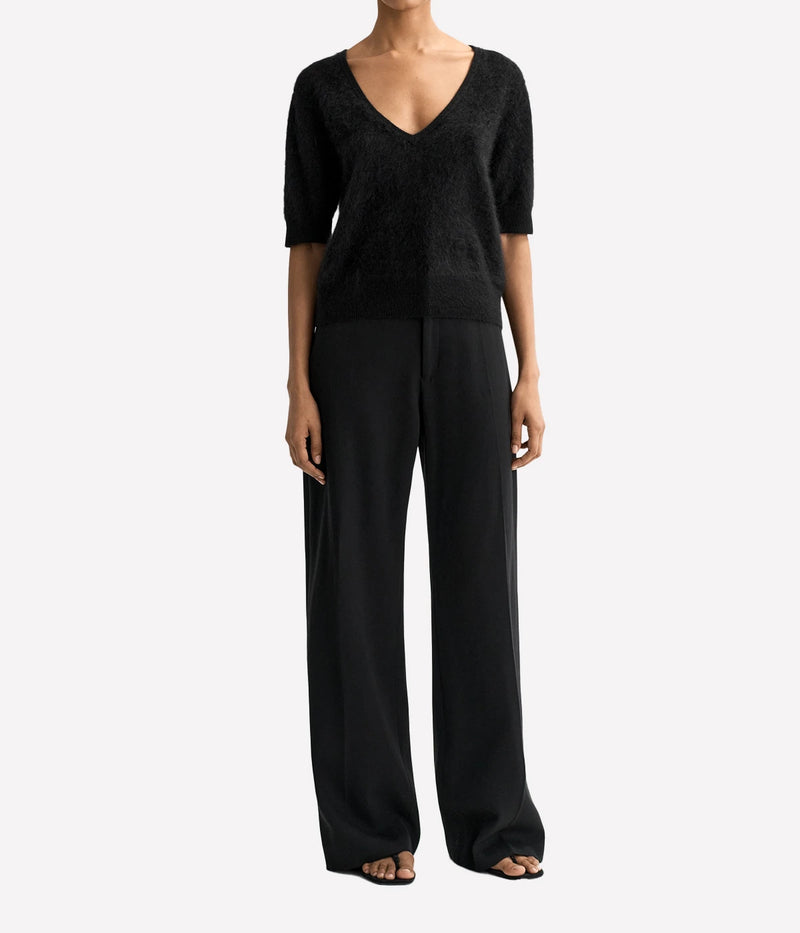 Soft Goat Brushed V Neck T-Shirt in Black – Full Model View