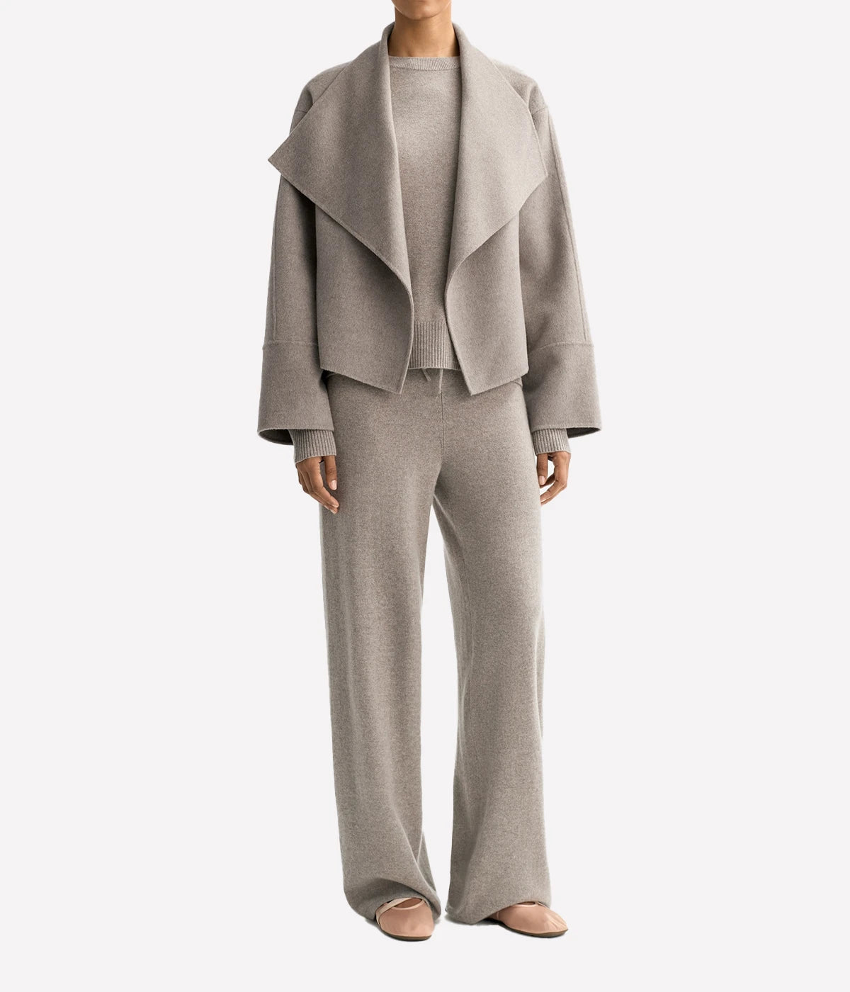 Soft Goat Short Coat in Greige – Full Model View