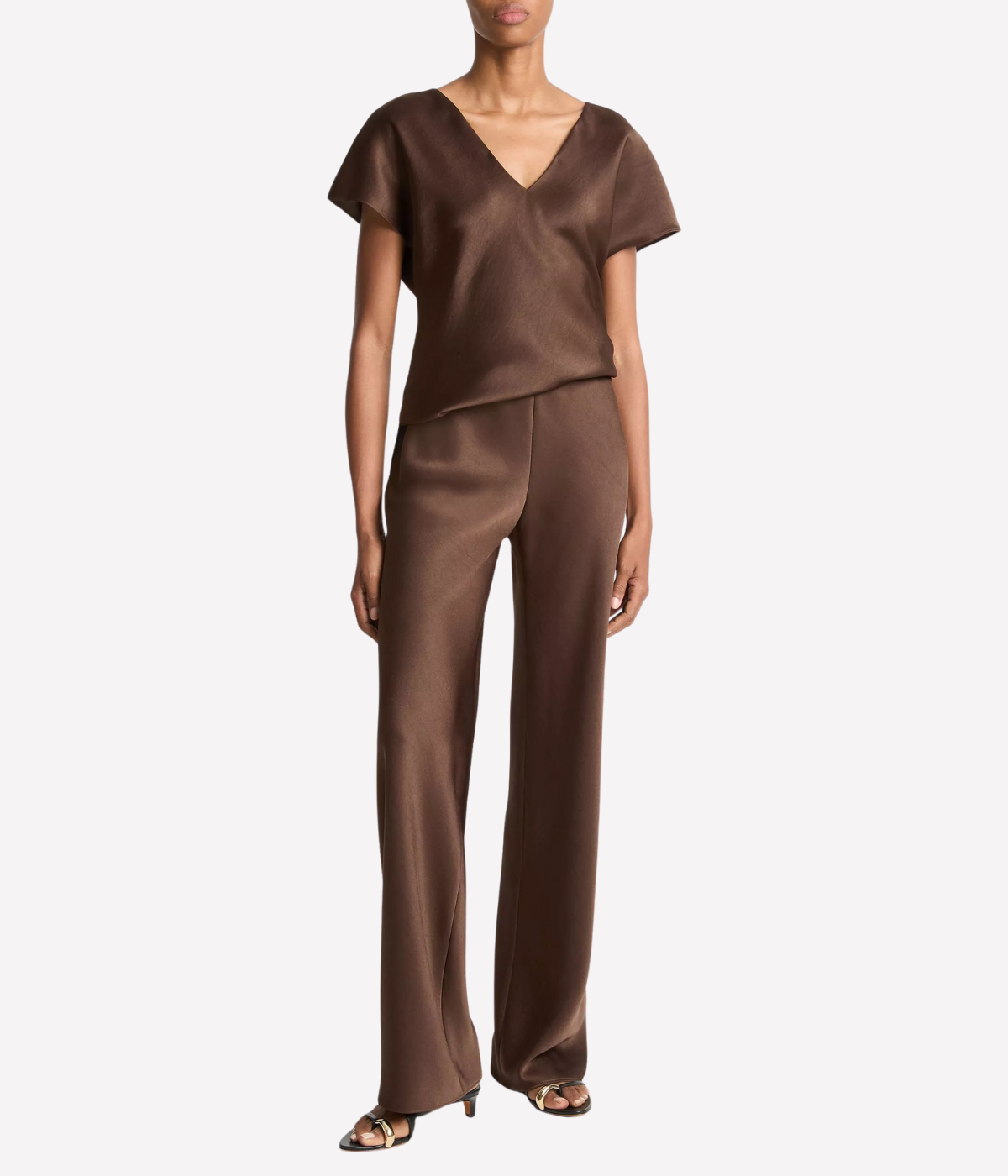 High Waist Fluid Satin Bias Pant in Espresso