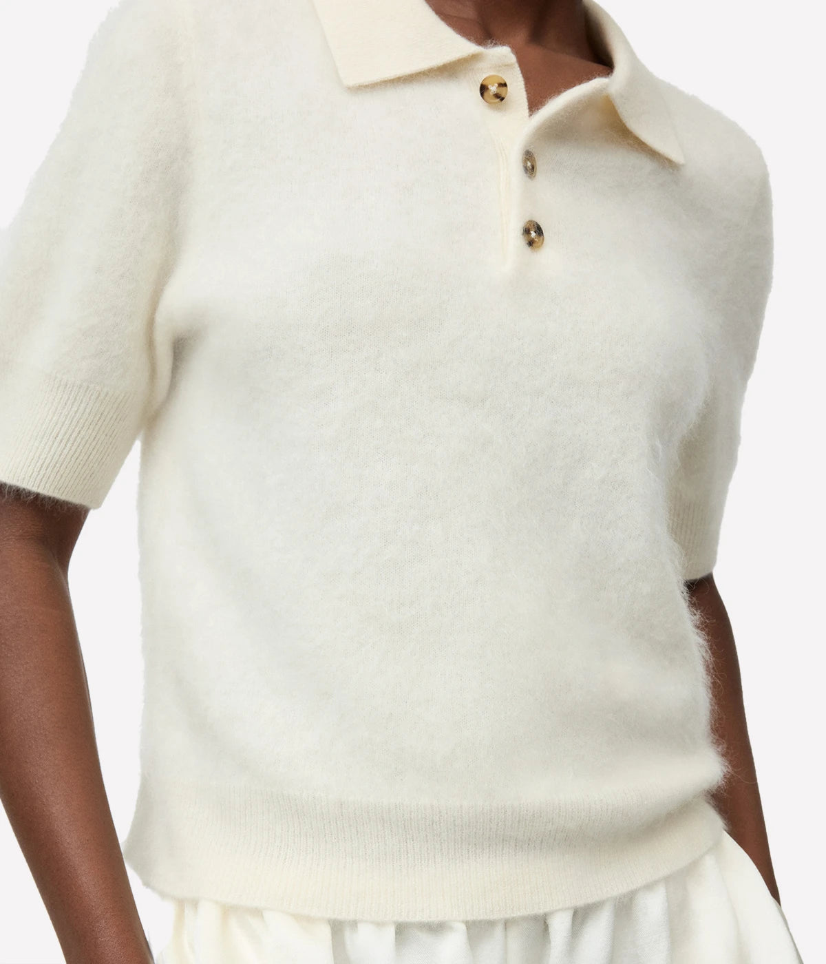 Soft Goat Brushed Pique Polo in Feather White – Close Up Detail
