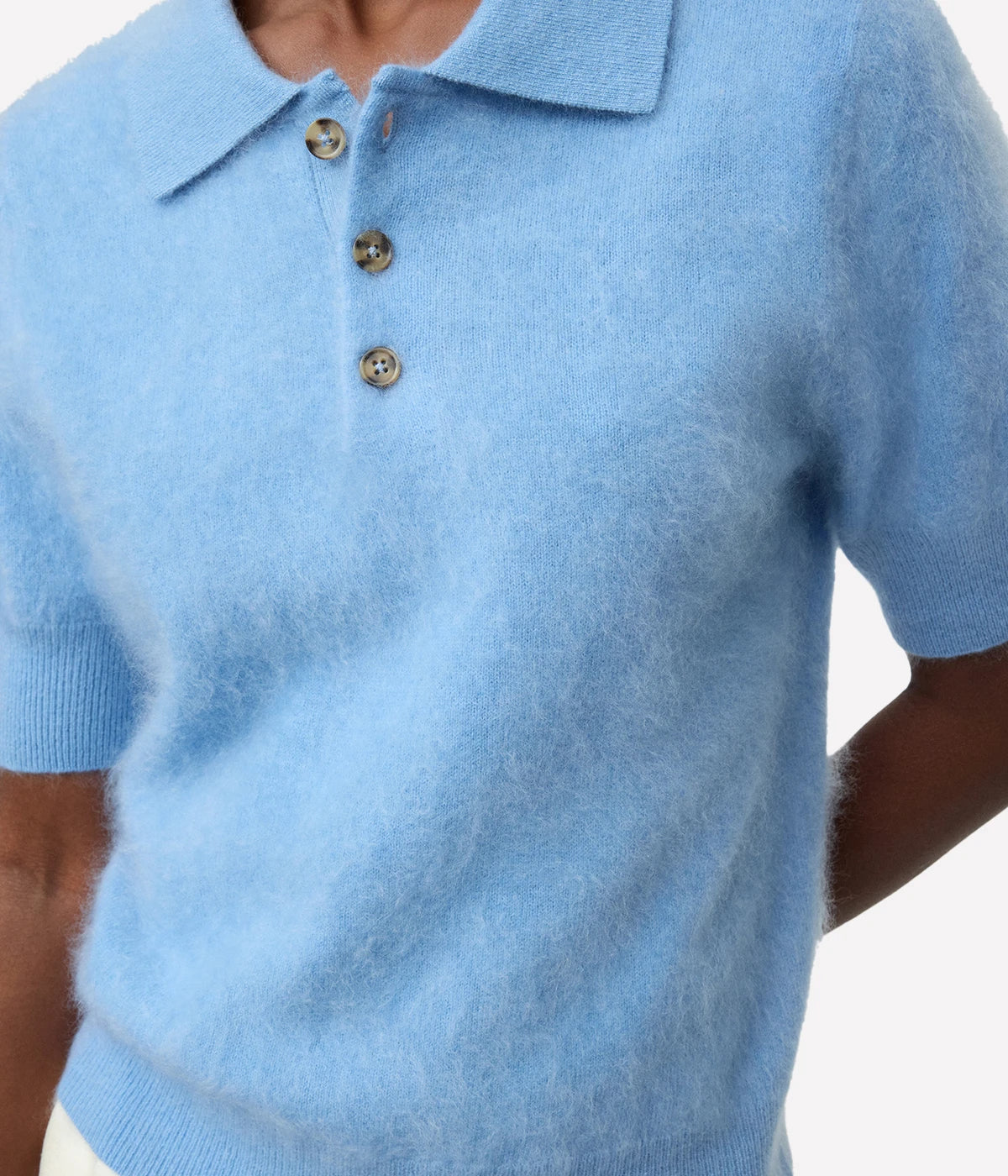 Soft Goat Brushed Pique Polo in Azure – Close Up Detail