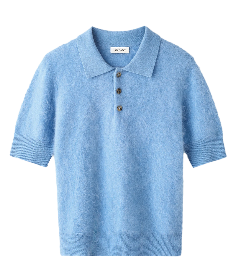 Soft Goat Brushed Pique Polo in Azure – Flat Lay Product shot