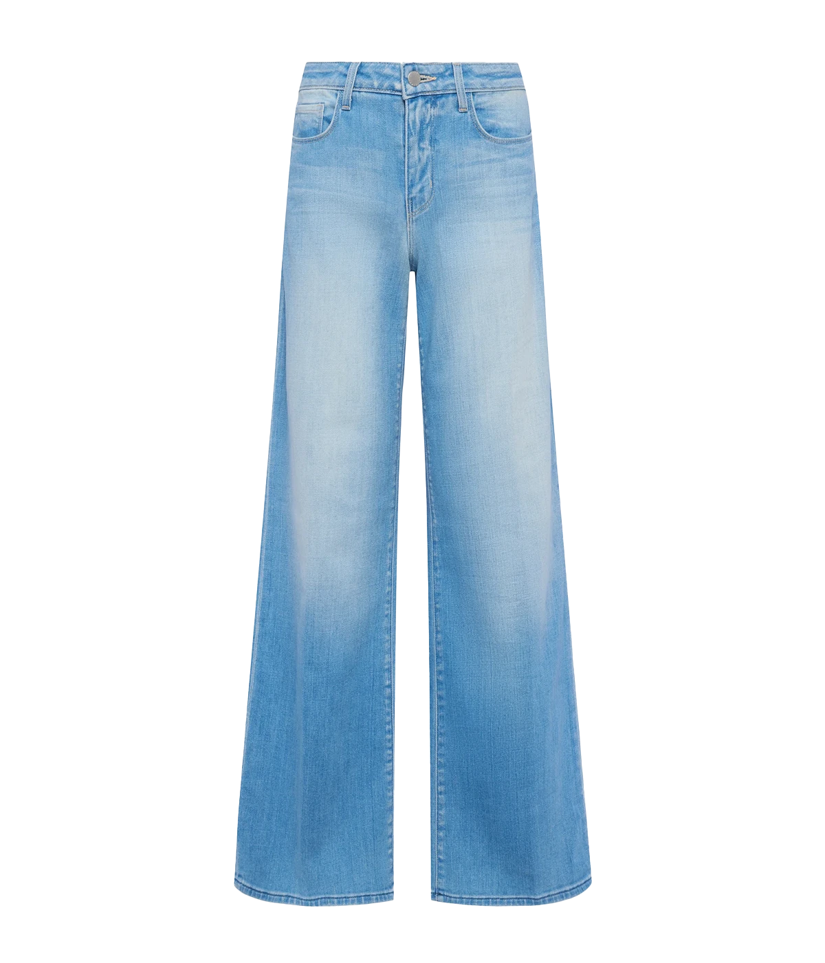 ALT text: Light wash high-rise wide-leg jeans with a cropped sneaker-length hem and classic 5-pocket styling