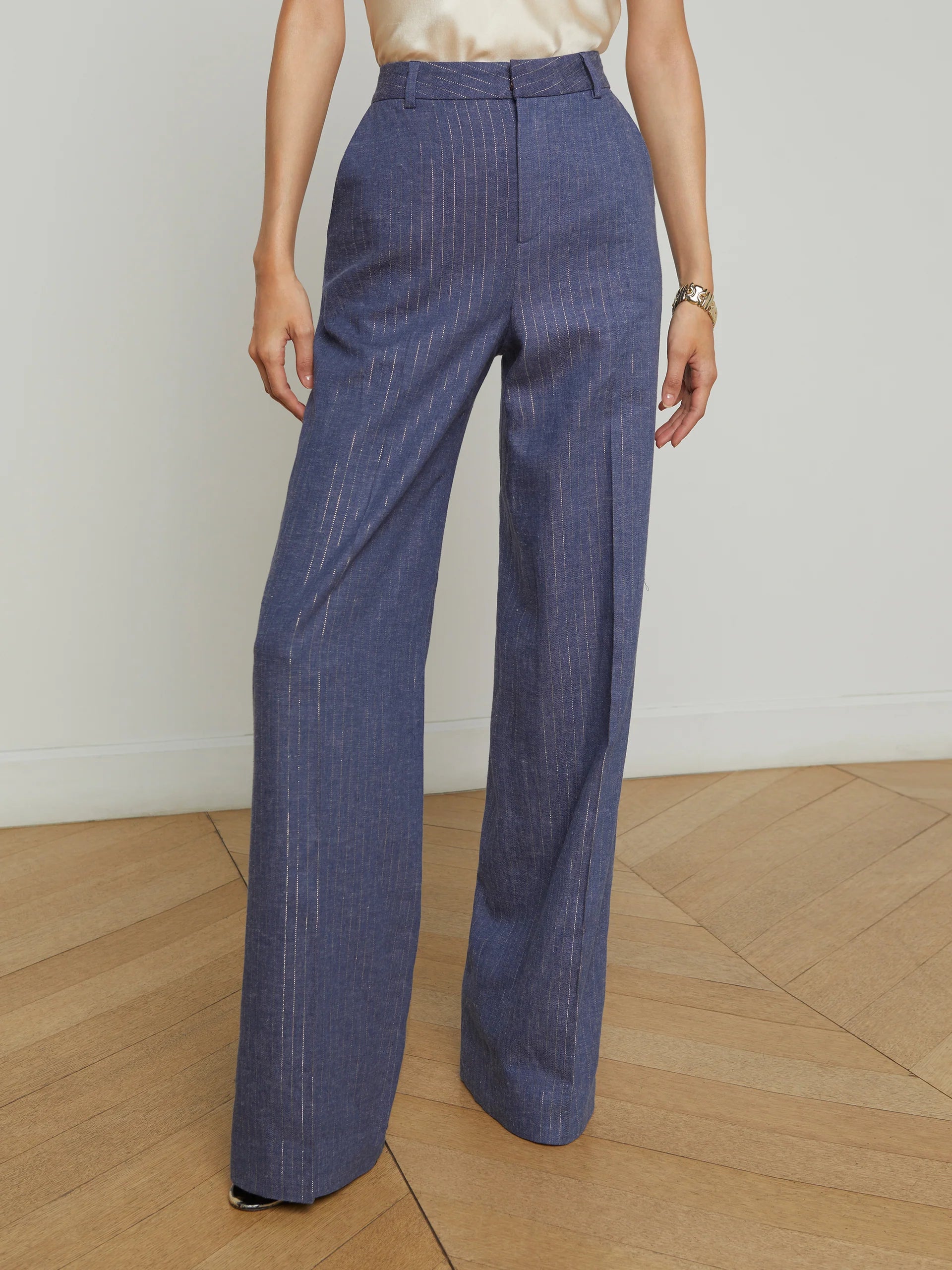 Livvy Straight Leg Trouser in Wild Wind Gold Pinstripe