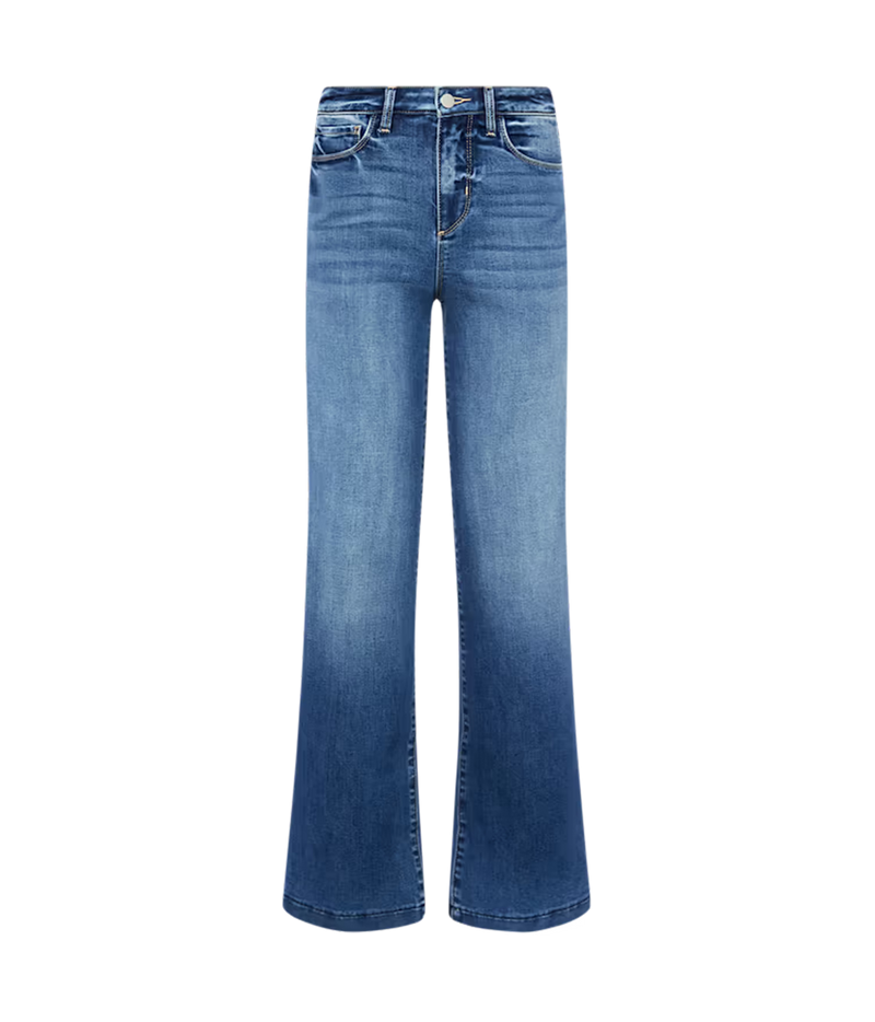 A pair of the L'AGENCE Scottie Wide-Leg Denim Jean in Cambridge with a wide-leg silhouette and a faded wash.