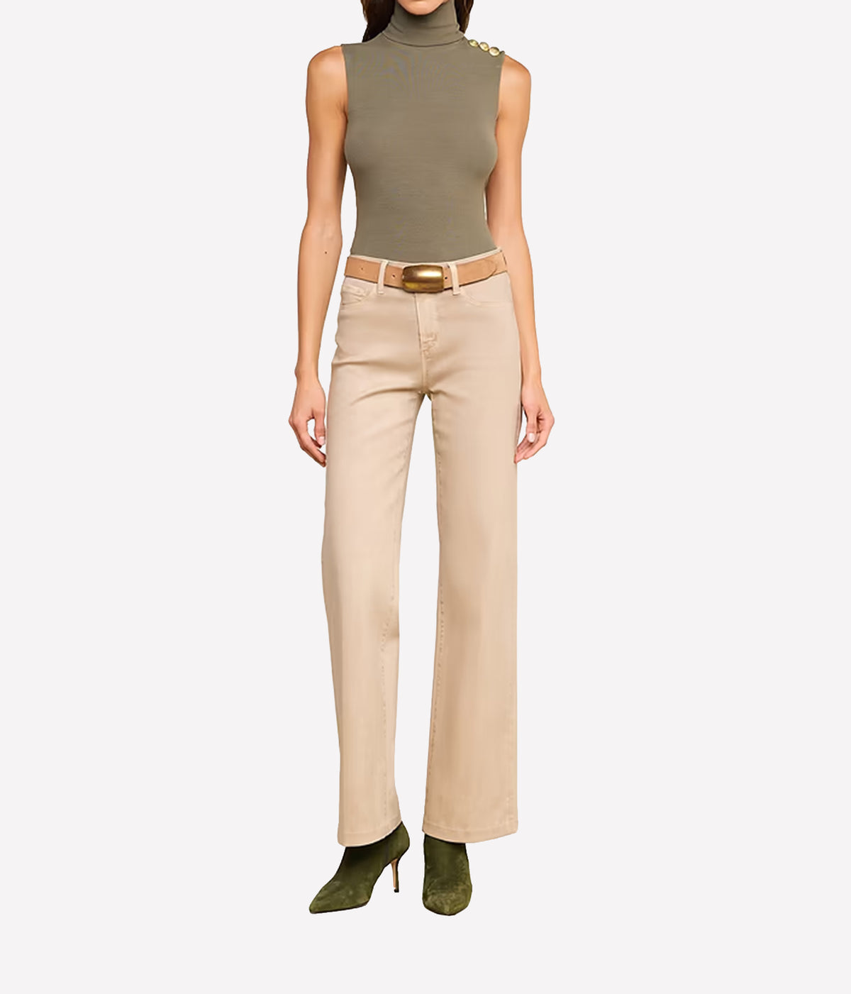 Full-length styling view of the L’AGENCE Scottie Coated Wide-Leg Jeans in Antique Birch with an olive top, tan belt and olive boots.