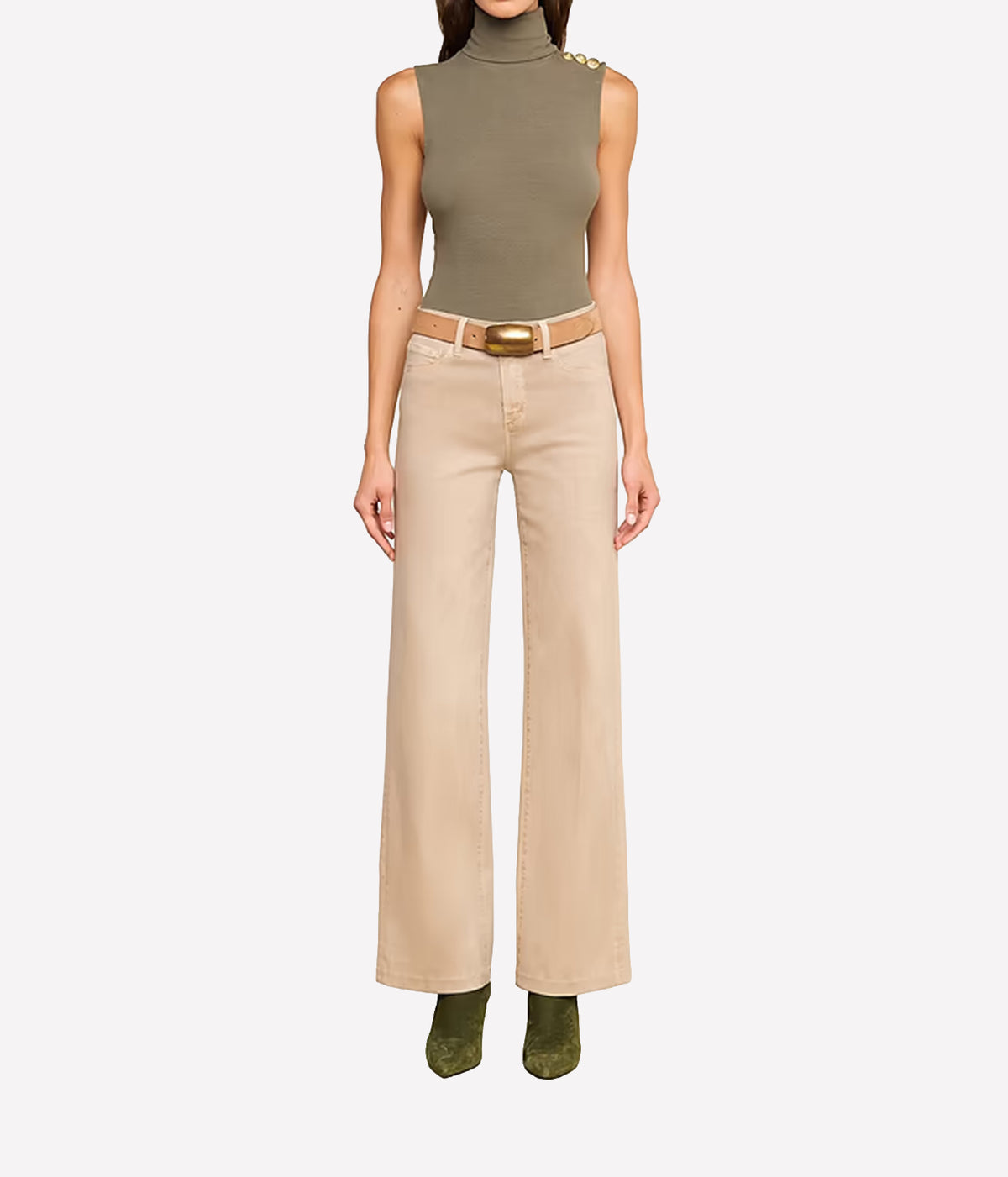 Front view of the L’AGENCE Scottie Coated Wide-Leg Jeans in Antique Birch, styled with a tan belt, olive top and suede boots.
