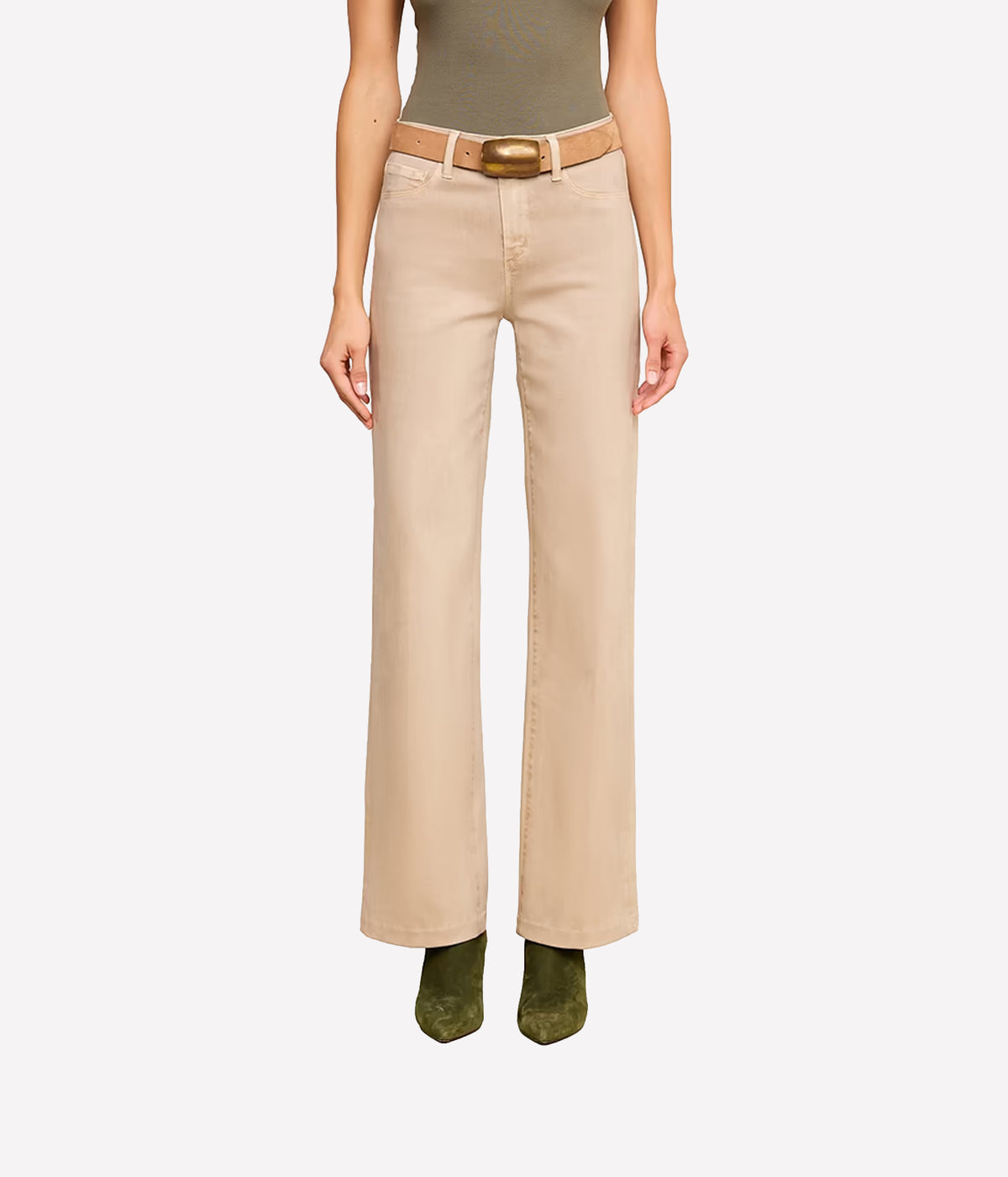 Front view of the L’AGENCE Scottie Coated Wide-Leg Jeans in Antique Birch, styled with a tan belt, olive top and suede boots.