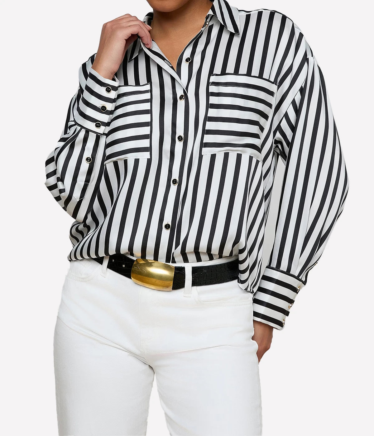 Eliora Relaxed Blouse In Black Ivory Even Stripe