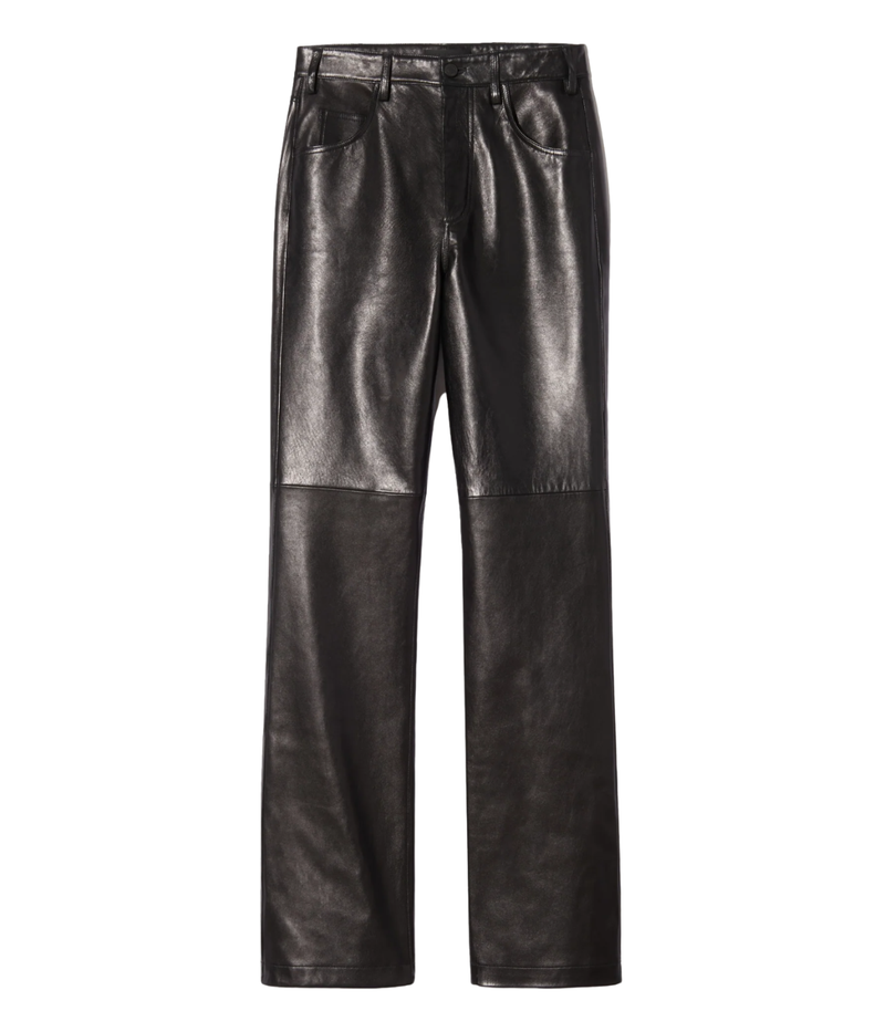 Nili Lotan Joan Leather Pant in Black, flat lay view of high-rise slim straight leg leather trousers