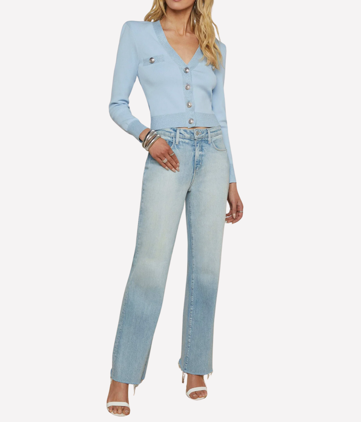 Taya Cropped V Cardigan in Blue Fog