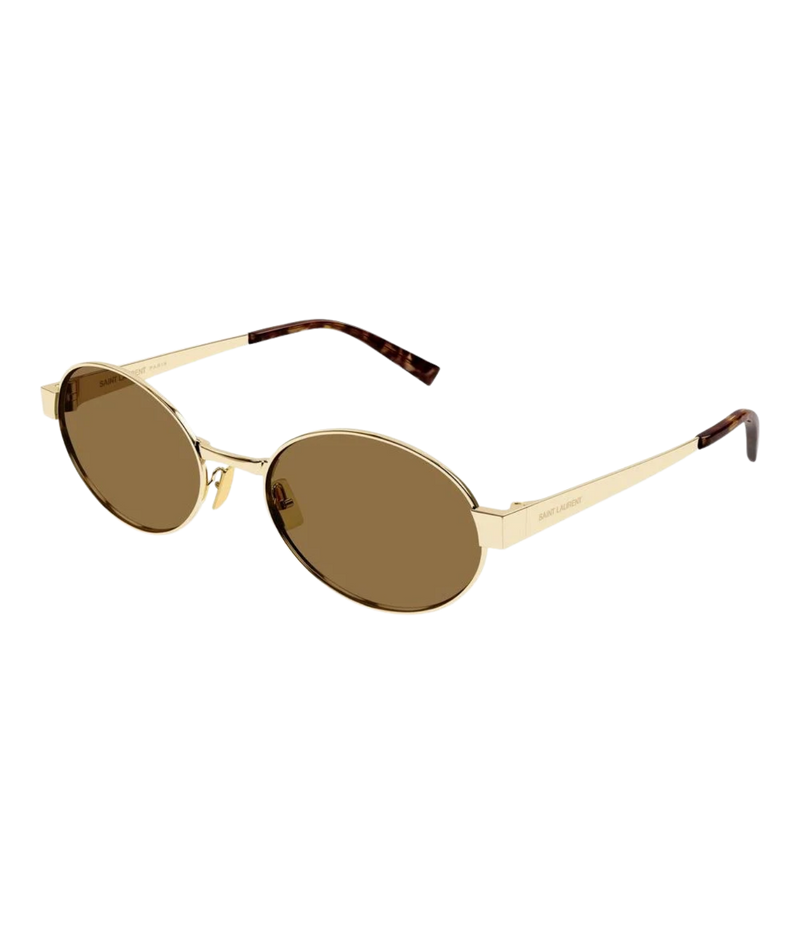 Angled side view of Saint Laurent SL 692 Oval Metal Sunglasses in Gold Brown showing the gold metal frame and temples