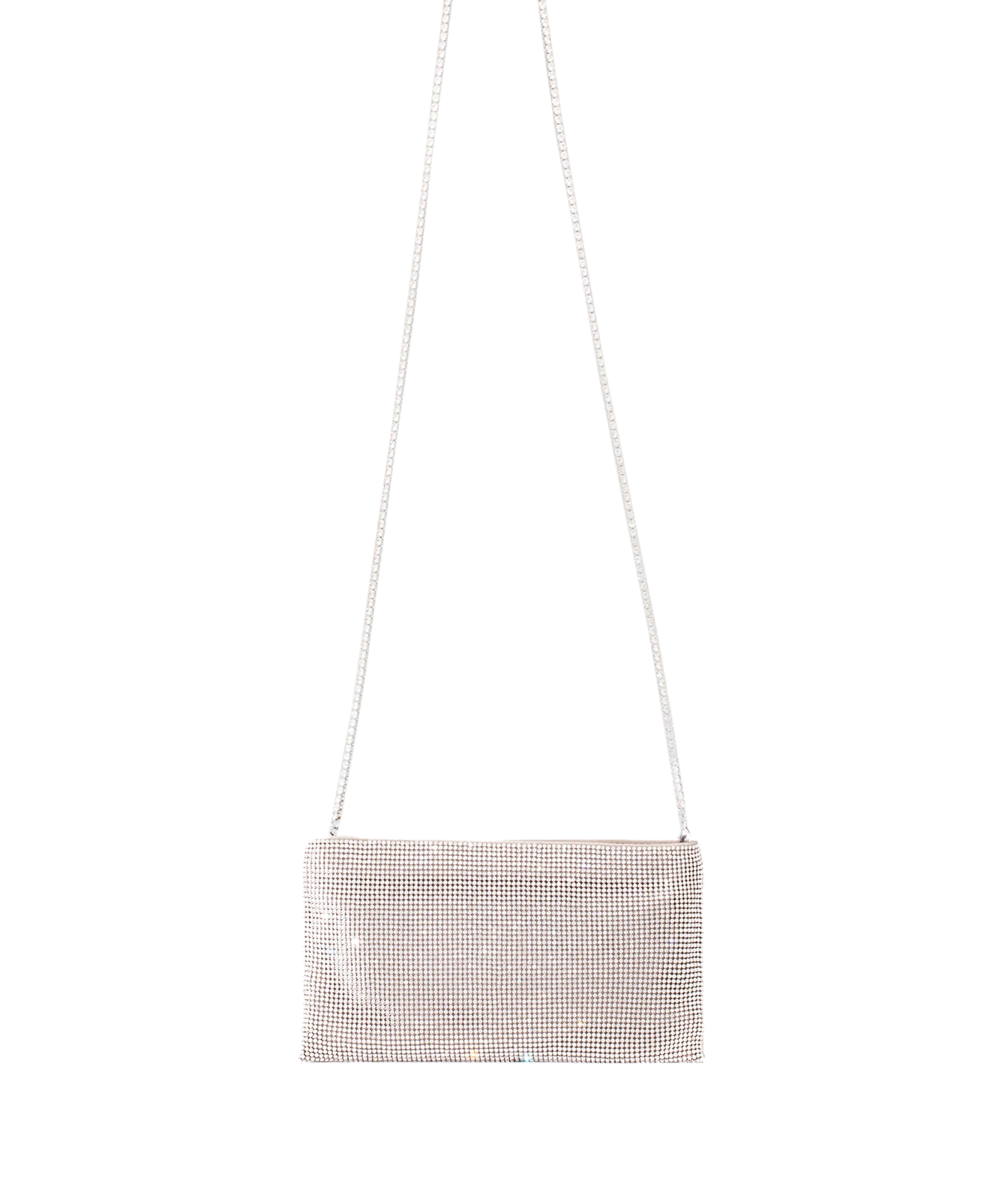 A rectangular silver rhinestone mesh clutch bag with a matching silver chain strap, shown against a plain white background.