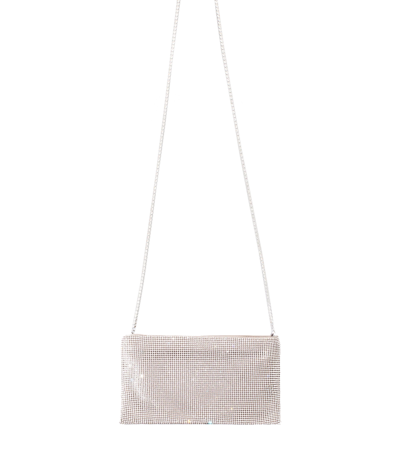 A rectangular silver rhinestone mesh clutch bag with a matching silver chain strap, shown against a plain white background.