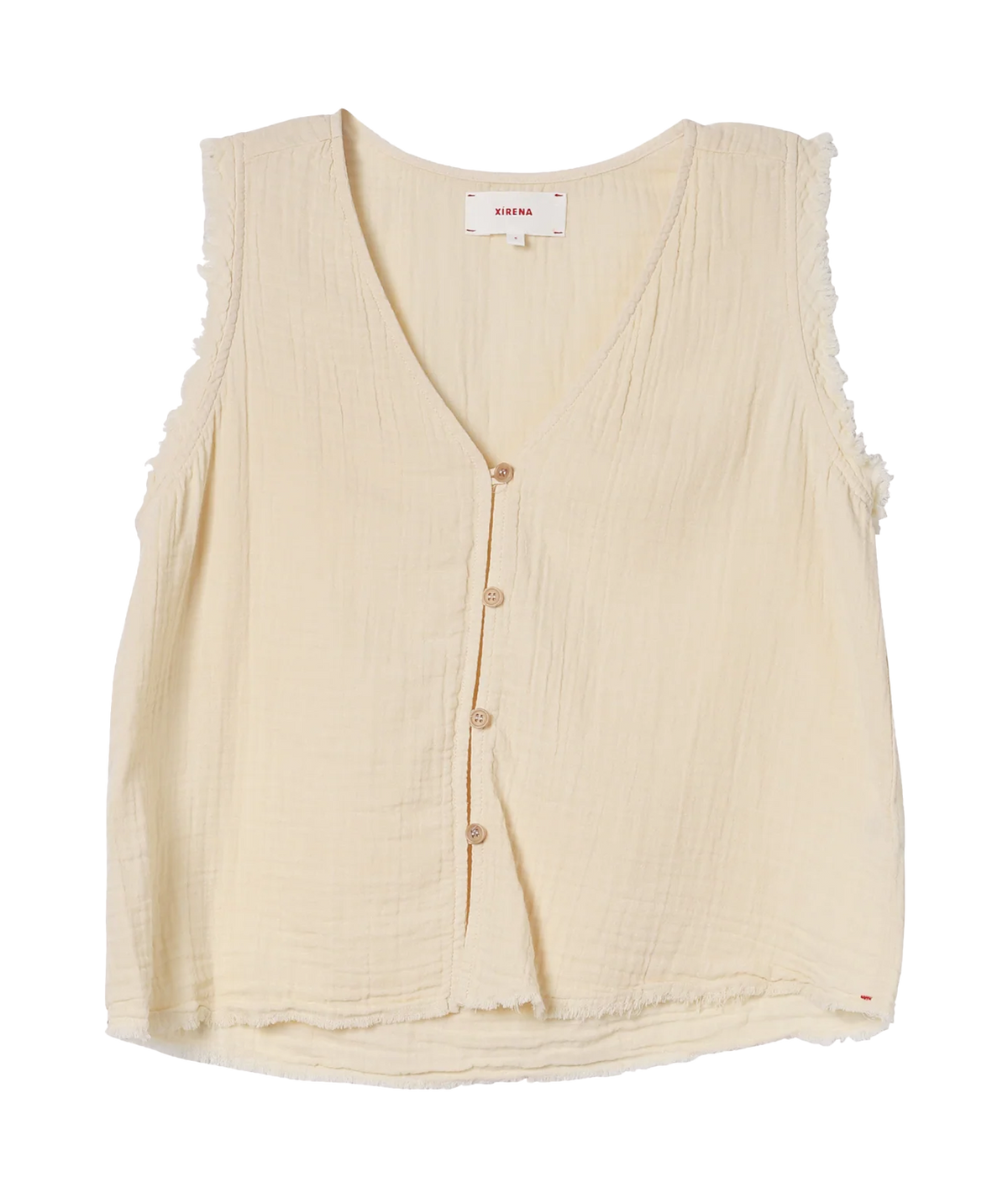 Xirena Naomie Top in Oysterette laid flat, showing the V-neckline, button front and sleeveless vest shape with frayed armhole edges