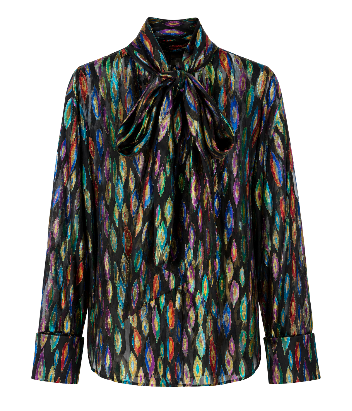 A long-sleeve blouse with a high collar and a large front bow, featuring an iridescent multicolor ikat pattern on a black base, shown against a plain white background.