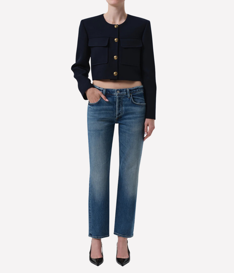 Citizens of Humanity Anissa Low Rise Straight Jean in Alma worn on model, front view of low rise straight leg jeans