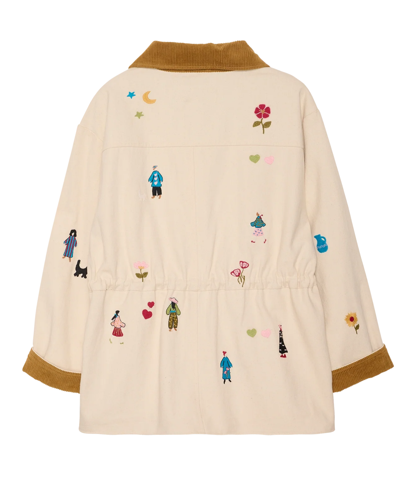 A cream-colored quilted jacket with a brown corduroy collar and cuffs, decorated with colorful embroidered figures, flowers, and hearts, shown against a plain white background.