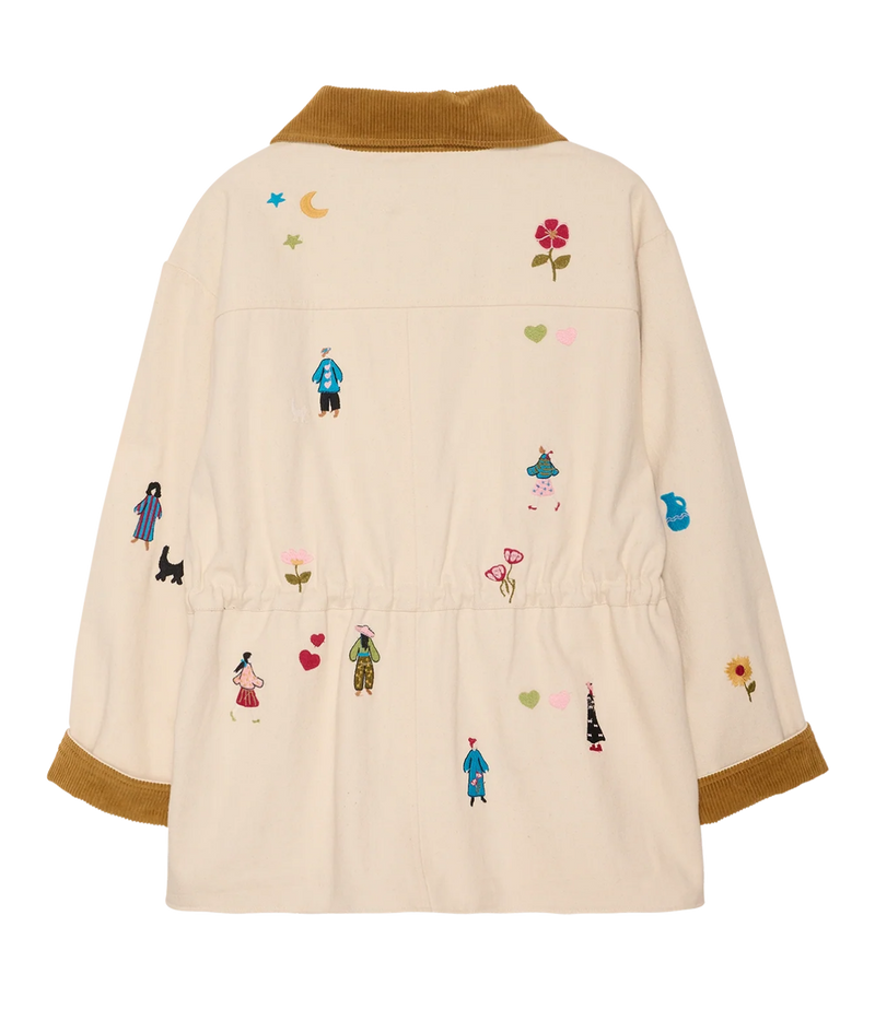 A cream-colored quilted jacket with a brown corduroy collar and cuffs, decorated with colorful embroidered figures, flowers, and hearts, shown against a plain white background.