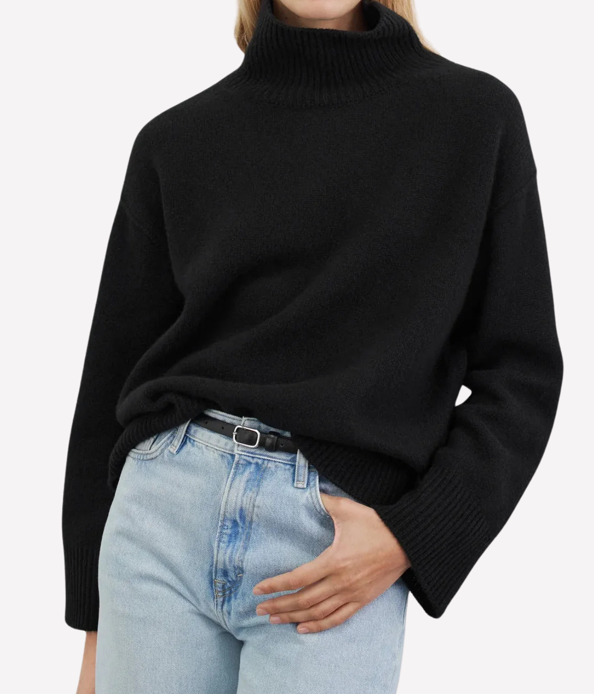Soft Goat Alpaca Boyfriend Turtleneck in Black – Front model image
