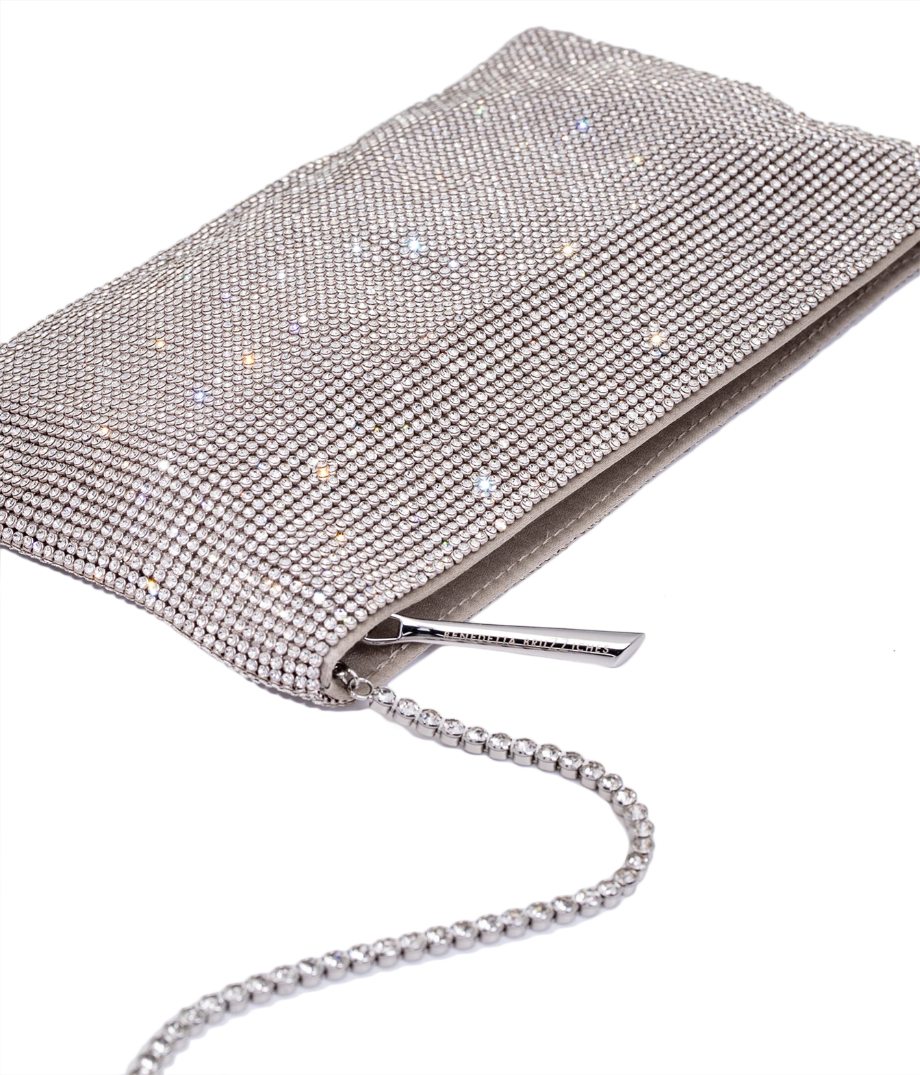 A silver rhinestone-embellished clutch bag with a matching rhinestone chain strap, shown on a plain white background.