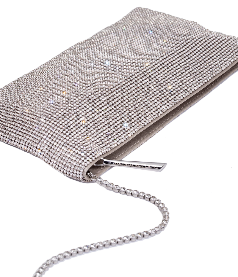A silver rhinestone-embellished clutch bag with a matching rhinestone chain strap, shown on a plain white background.