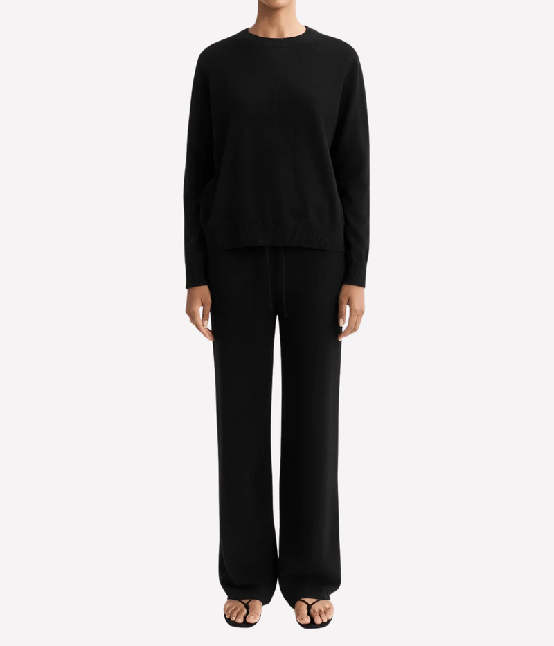 Soft Goat Cashmere Round Neck Sweater in Black – Full Model View
