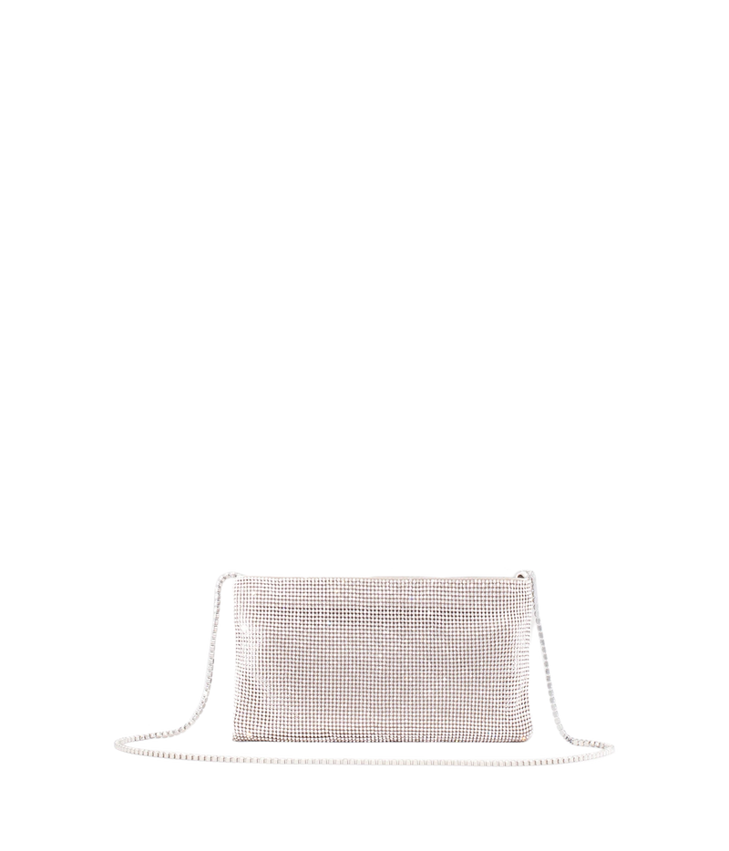 A small rectangular clutch bag covered in shimmering rhinestones, with a thin silver chain strap, shown on a plain white background.