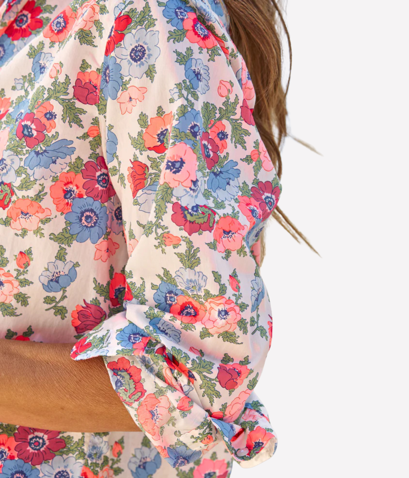Eileen Woven Button Up Shirt In Pink Red Blue Flowers