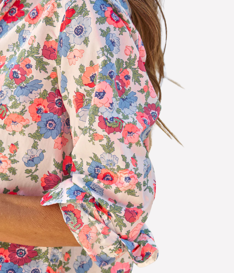 Eileen Woven Button Up Shirt In Pink Red Blue Flowers