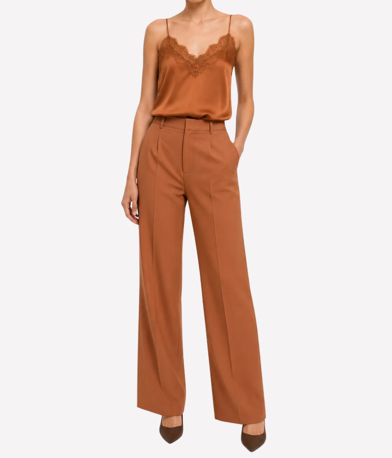 ALC Annabelle Lace Camisole Top in Light Chestnut - shot on full body model with rust coloured lace cami top and rust coloured tailored pant